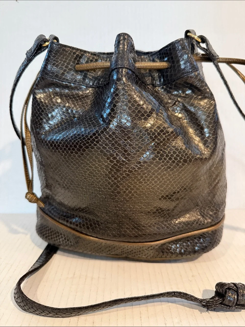 Sharif Black  & Bronze Textured Drawstring Vintage Bucket Crossbody Bag
